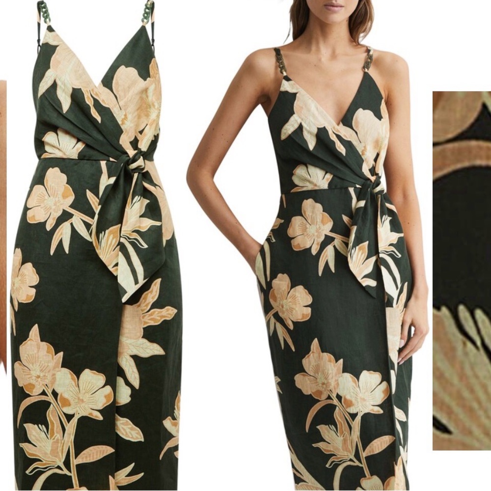 Reiss Olive Green and Cream Floral Faux Wrap Midi Dress